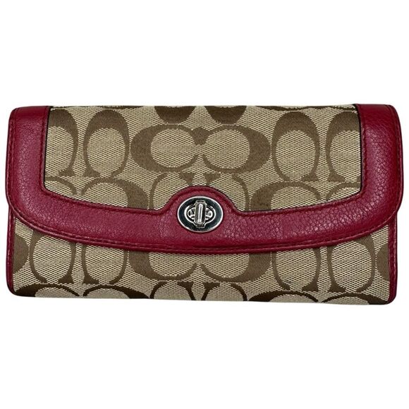 |EUC| COACH Signature C Canvas Red Leather Trim Kisslock Wallet - Picture 1 of 10